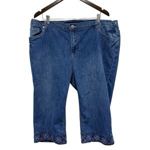 Catherines Jeans Womens 22W Blue Elastic Waist Cropped Embellished Hem Southwest